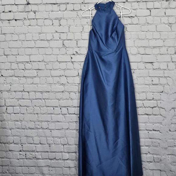 2/$50 Alfred Sung Dusk Blue Satin Twill Halter Dress D772 Size 4 | Elegant - Picture 3 of 9